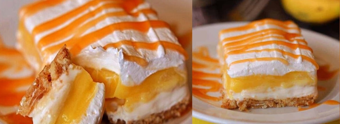 O prajitura cu miez de banană, un munte de mascarpone dulce, acoperit cu glazură de caramel